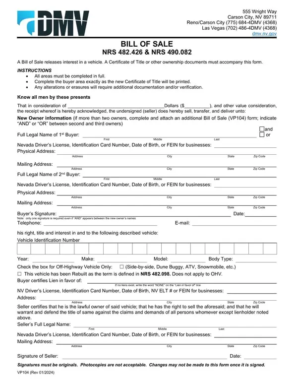 Get the most current Nevada VP104 Vehicle Ownership Transfer Document form now