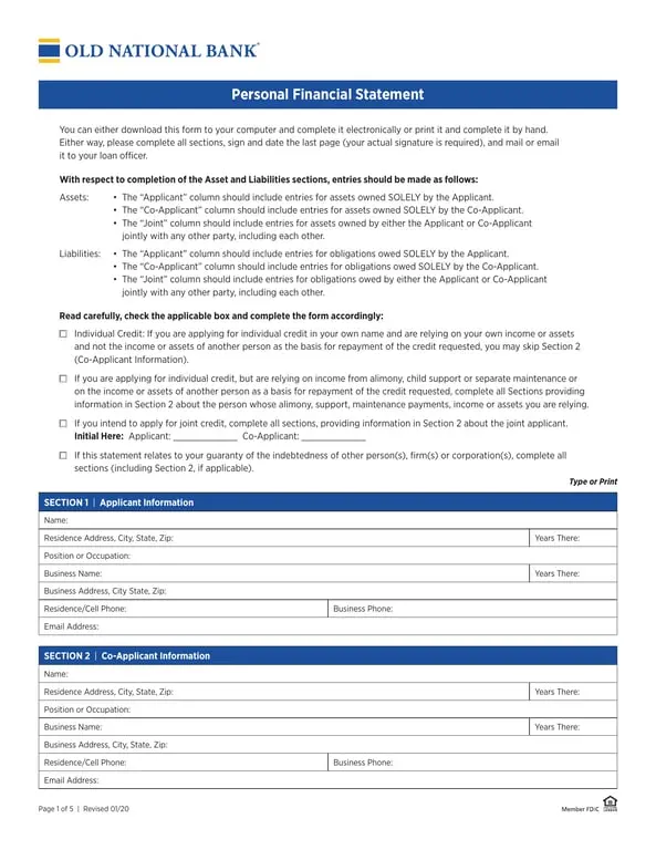 Get the most current Personal Financial Statement - Complete Asset and Liability Declaration form now