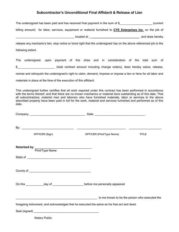 Get the most current Contractor's Unconditional Lien Release for CYE Enterprises form now