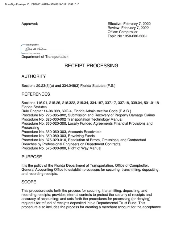 Get the most current Florida Cash Receipt - DOT Protocol for Handling Property Damage Claims and Financial Agreements under Florida Statutes 20.23(3)(a) and 334.048(3) form now