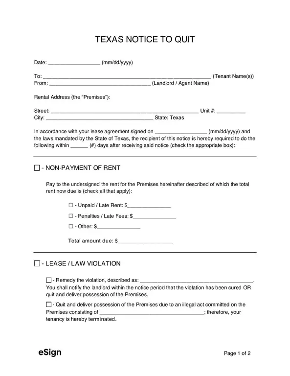 Get the most current Texas Notice to Quit for Lease Violations and Overdue Rent form now