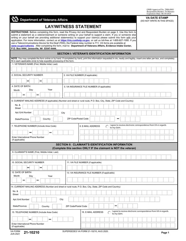 Get the most current VA 21-10210 - Veterans Identification Information Lay/Witness Statement Assistance form now