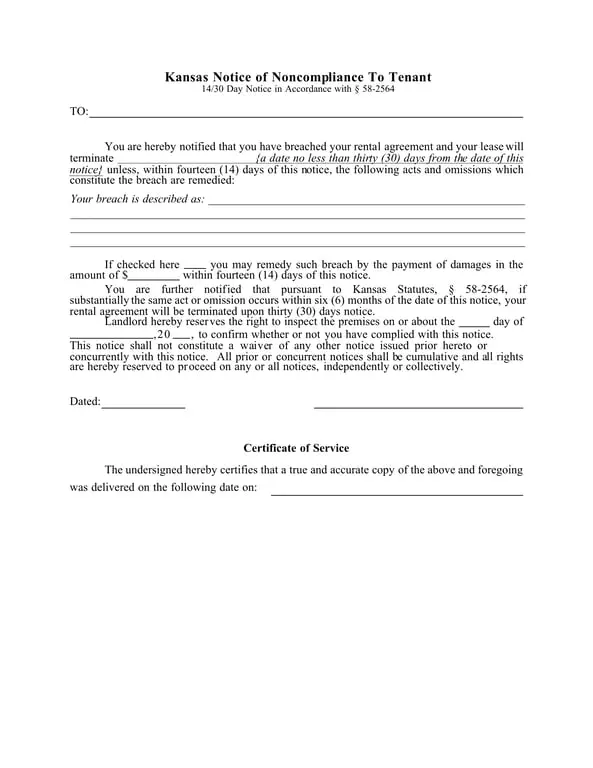 Get the most current Kansas Statute § 58-2564 Eviction Notice for Noncompliance form now