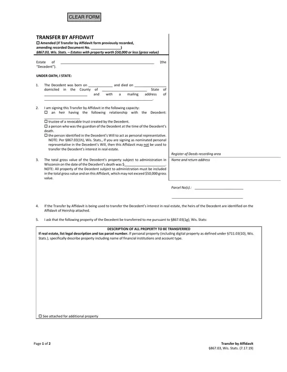 Get the most current Wisconsin §867.03 Transfer by Affidavit for Estates under $50,000 form now