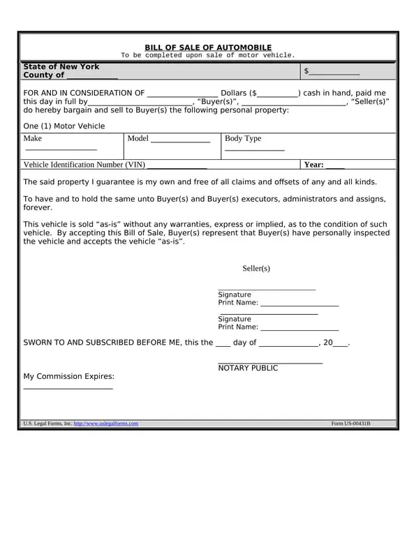 Get the most current New York Auto Sale Document with Odometer Notice form now
