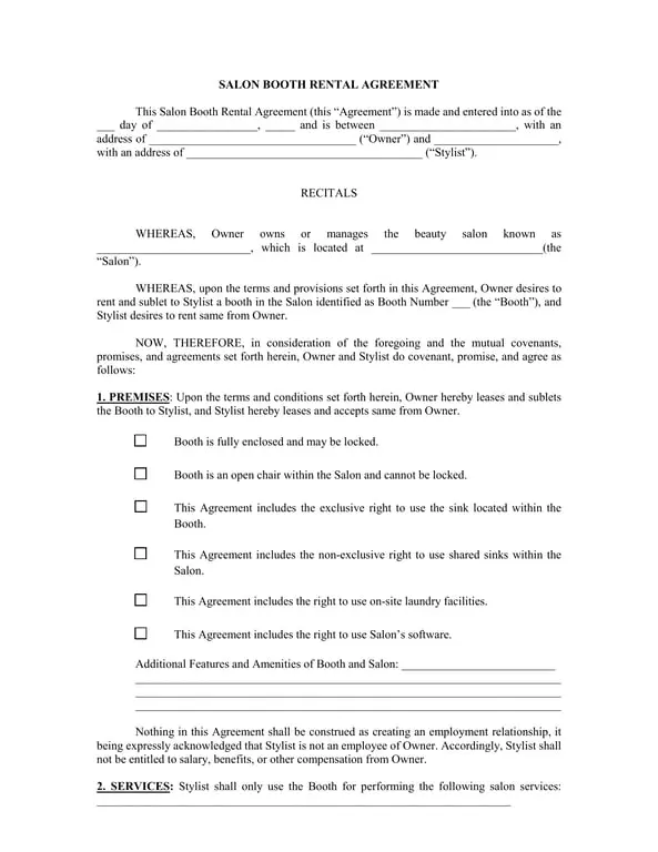Get the most current Salon Booth Rental Agreement - Legal Document for Property Lease form now