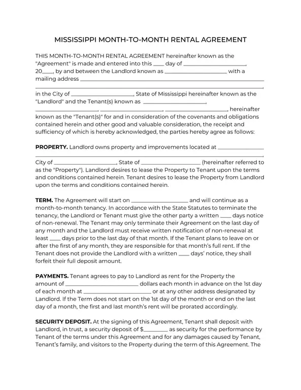 Get the most current Mississippi Month-to-Month Rental Agreement Details form now