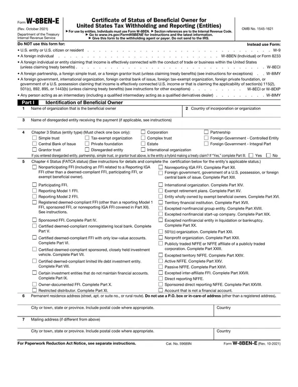 Get the most current W-8BEN-E IRS Entity Tax Status Certificate form now