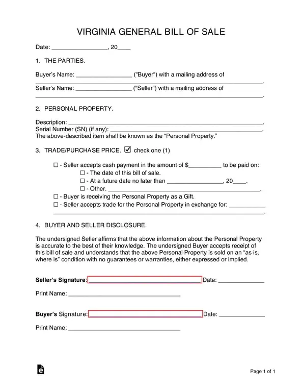 Get the most current Virginia General Bill of Sale - Ownership Transfer Document form now