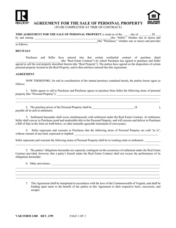 Get the most current Personal Property Sale Agreement Overview form now