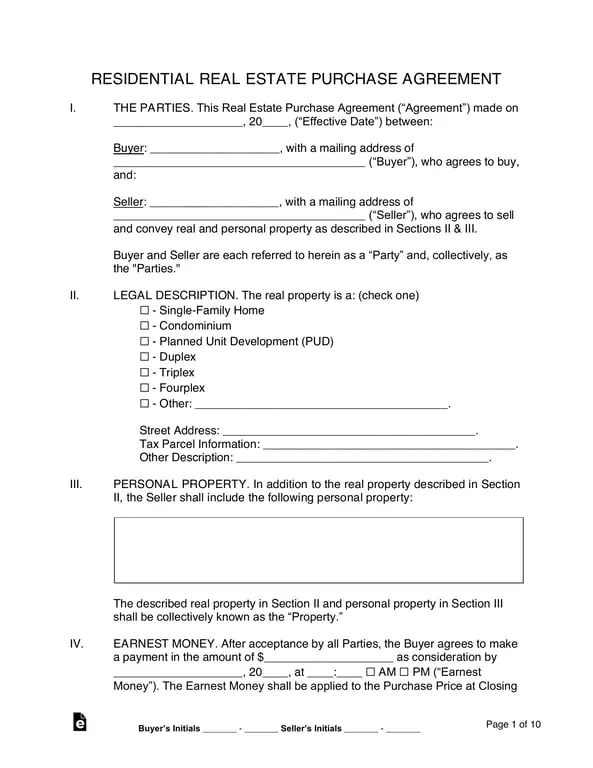 Get the most current Residential Real Estate Purchase Agreement Details and Initials form now