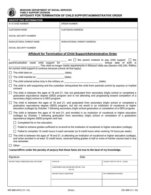 Get the most current Missouri Termination of Child Support Affidavit - Family Support Division form now