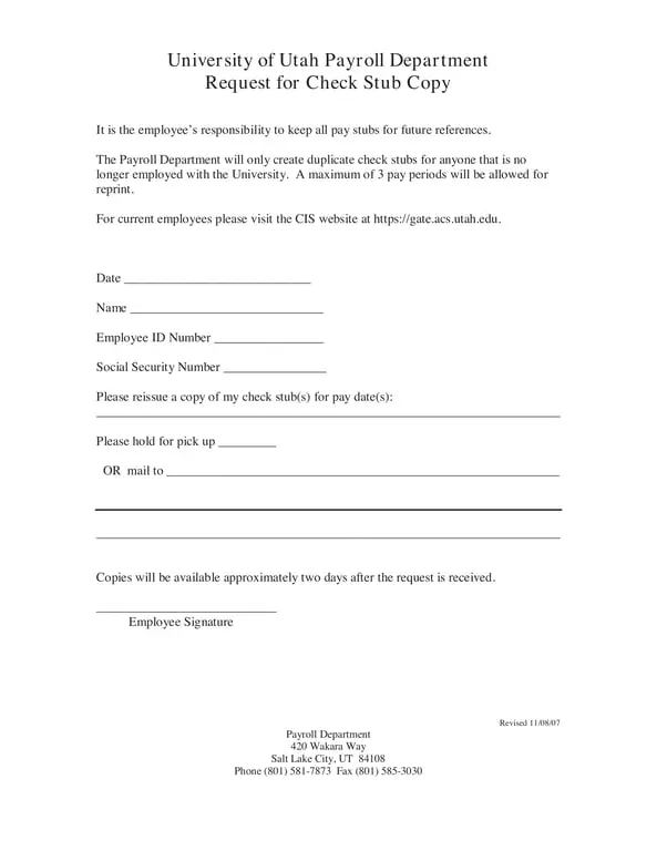 Get the most current Utah University Duplicate Check Stub Request form now