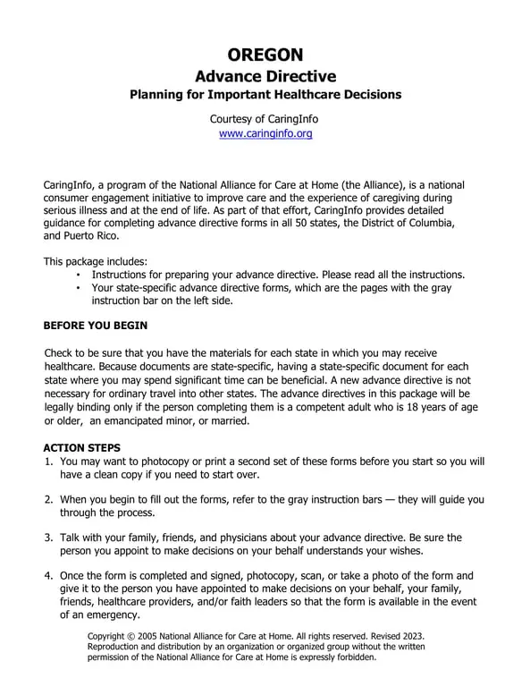 Get the most current Oregon Advance Directive - Health Planning Guide by CaringInfo form now