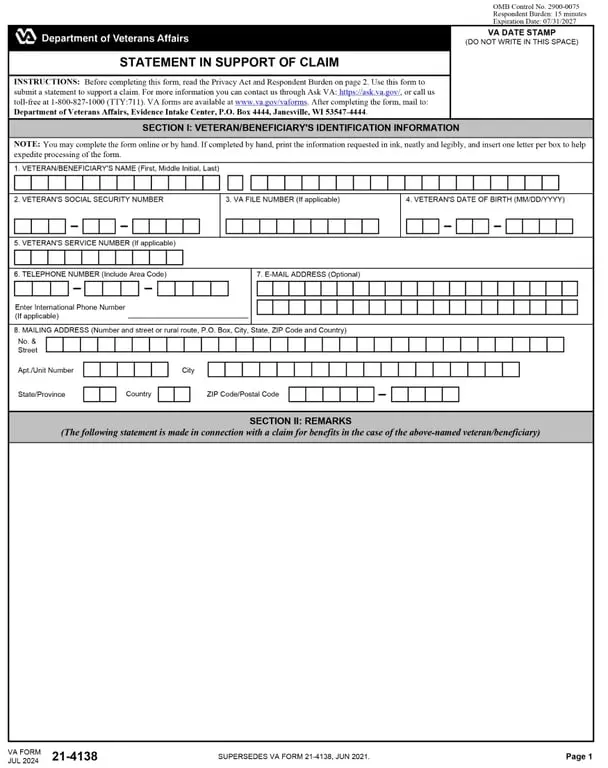 Get the most current Statement in Support of Claim (VA Form 21-4138) form now