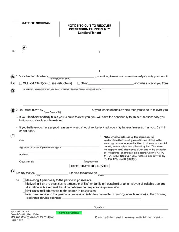 Get the most current Michigan Property Possession Notice - DC 100c form now