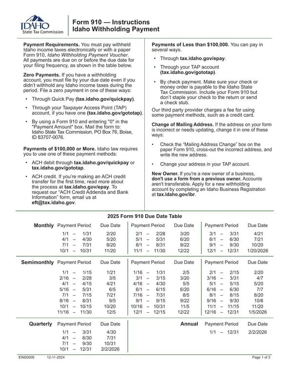 Get the most current Idaho Taxpayers Form 910 - Submit Withheld Income Taxes and Maintain Withholding Account form now