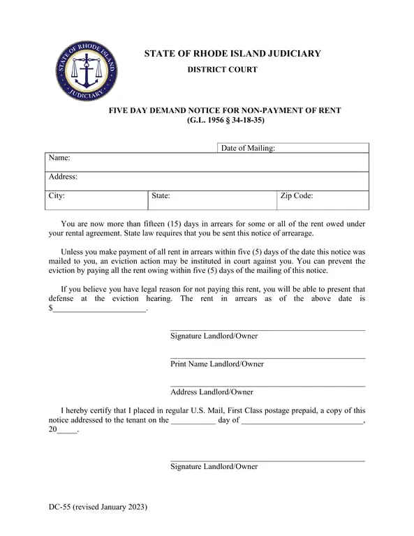 Get the most current Rhode Island DC-55 Five Day Demand for Non-Payment of Rent Notice form now