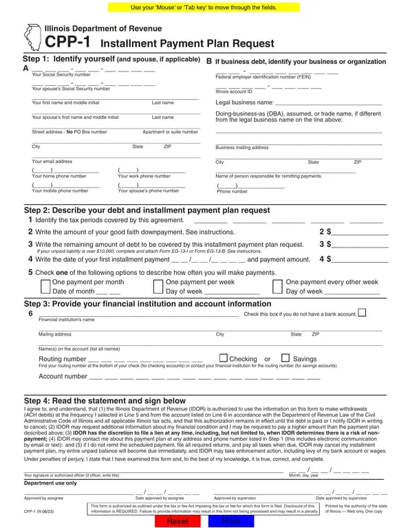 Get the most current Illinois DoR CPP-1 Installment Payment Plan Request form now