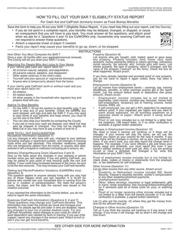Get the most current California Health and Human Services SAR 7A Cash Aid and CalFresh Eligibility Report form now