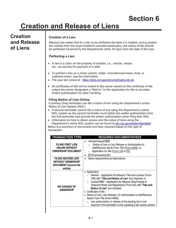 Get the most current Missouri Lien Creation and Release Section 6 Online Filing form now