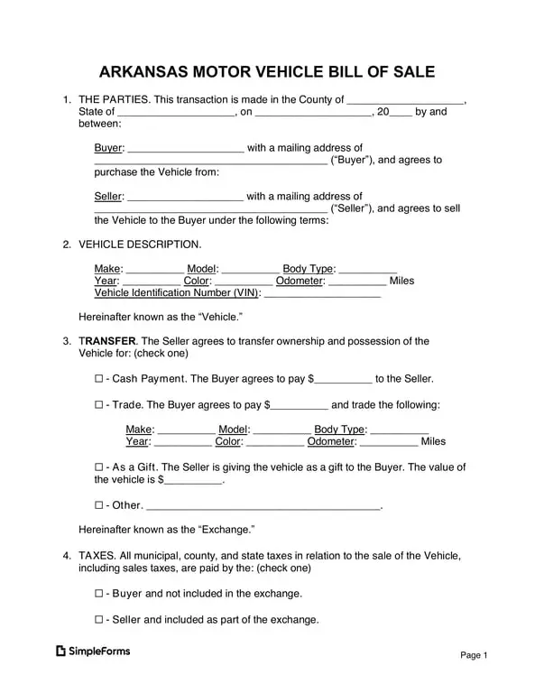 Get the most current Arkansas Motor Vehicle Sale Transaction Details form now