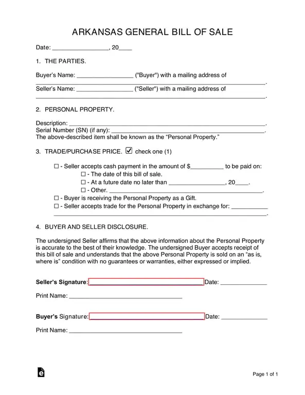 Get the most current Arkansas Vehicle Sale Details Record - Bill of Sale form now