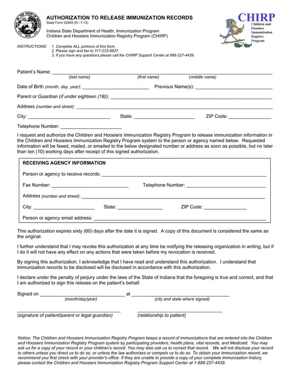 Get the most current Indiana Immunization Record Release Authorization form now