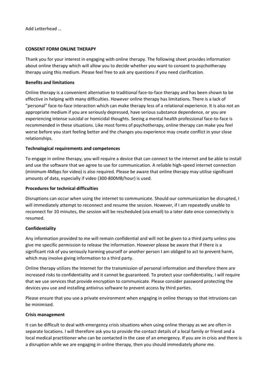Get the most current Online Therapy Consent Saskatchewan - Authorization and Limitations of Virtual Psychotherapy form now