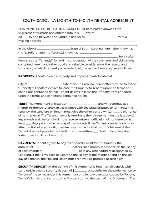 Get the most current South Carolina Month-to-Month Rental Agreement Overview form now