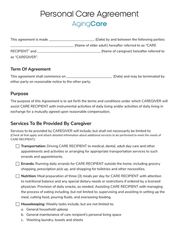 Get the most current Personal Care Agreement for Elderly - Terms and Responsibilities of Caregiver form now