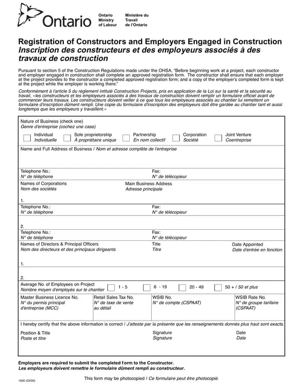 Get the most current Ontario 1000 - Registration for Constructors and Employers in Construction form now