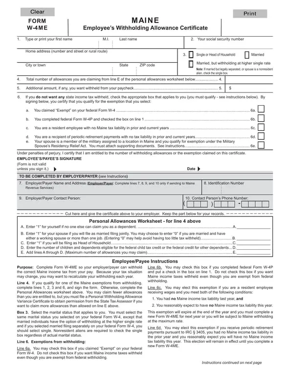 Get the most current Maine Personal Allowances Worksheet for Tax Withholding form now