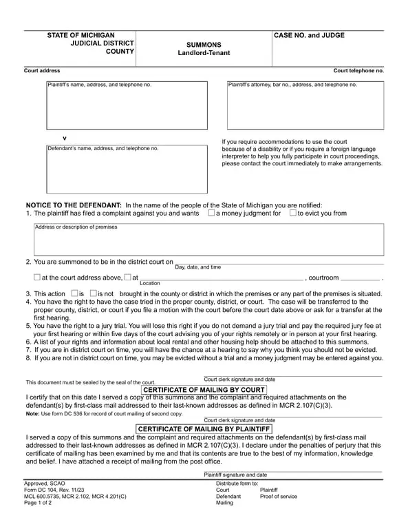 Get the most current Michigan Judicial District Landlord-Tenant Summons DC 104 form now