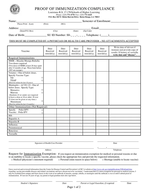 Get the most current Louisiana Immunization Compliance Proof - R.S. 17:170 Mandatory Record for Student Enrollment form now