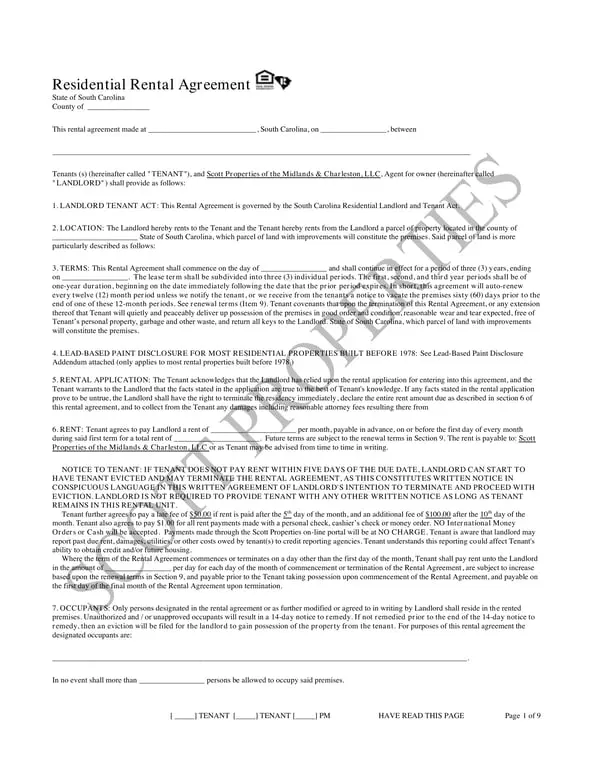 Get the most current South Carolina Residential Rental Agreement - Scott Properties form now
