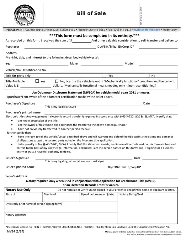Get the most current Montana Vehicle or Vessel Transfer Certificate - MV24 form now