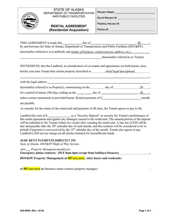 Get the most current Alaska State 25A-R950 Residential Acquisition Rental Agreement Basics form now