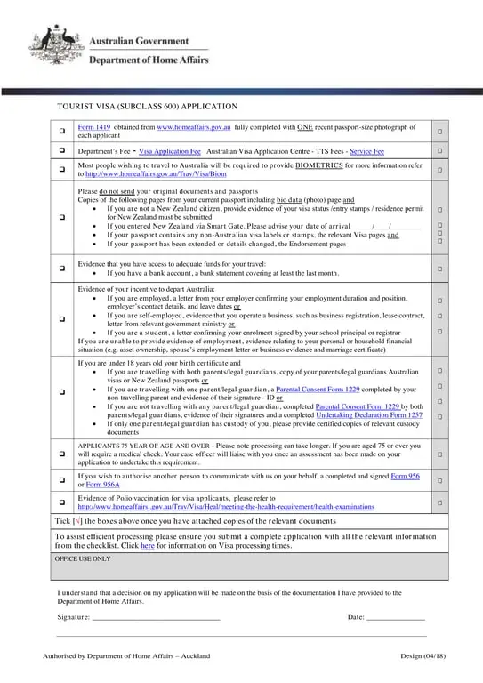 Get the most current Tourist Visa Application 1419 - Explore Australia with Subclass 600 form now