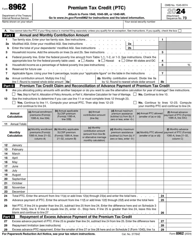 Get the most current 8962 – Premium Tax Credit (PTC) form now