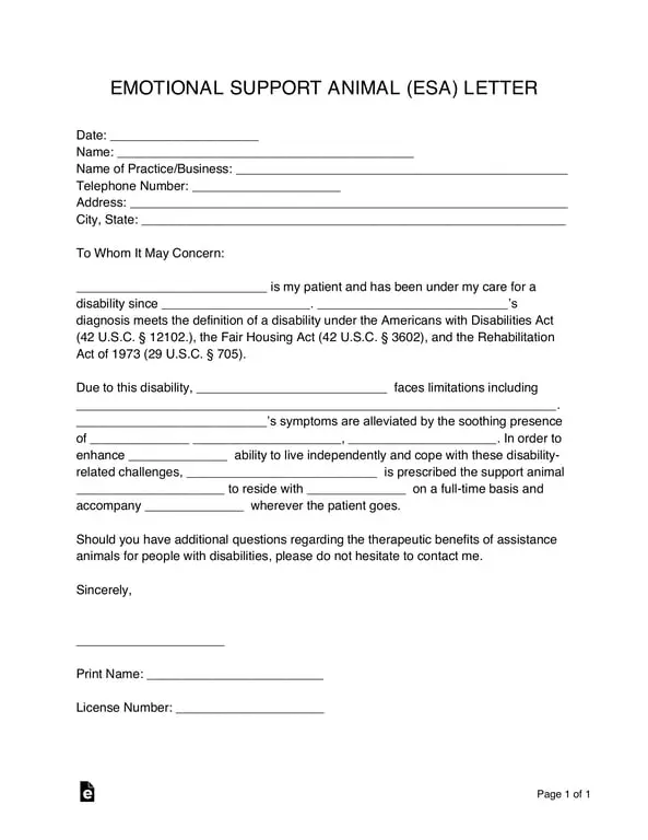 Get the most current ESA Letter for Disability Certification and Animal Support form now