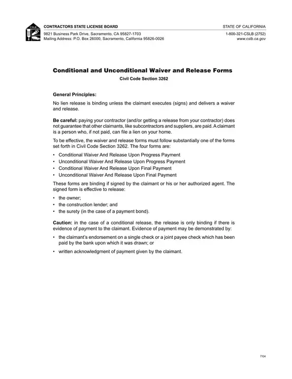 Get the most current Unconditional Contractor Lien Release - California Civil Code 3262 form now