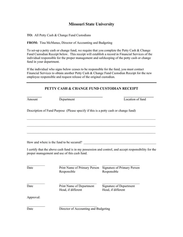 Get the most current Missouri University Petty Cash Custodian Receipt Details form now