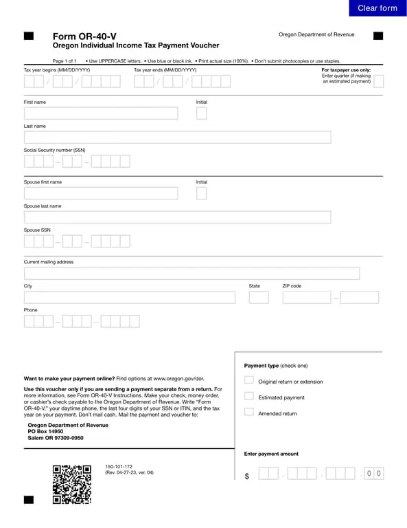 Get the most current Oregon Individual Income Tax Payment Voucher OR-40-V form now