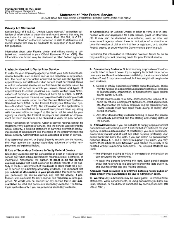 Get the most current Standard Form 144 - Statement of Prior Federal Service Overview form now