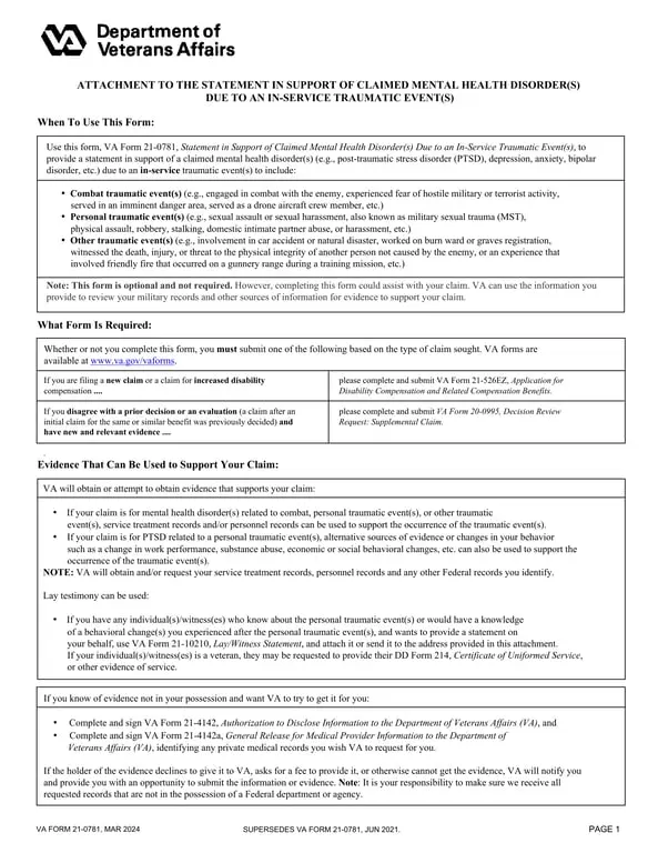 Get the most current VA 21-10210 - Evidence Submission for VeteranMental Health Disorder Claims form now