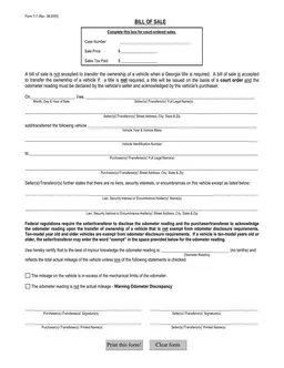 Georgia Vehicle Sale Documentation T-7 Revision 08-2005 form preview