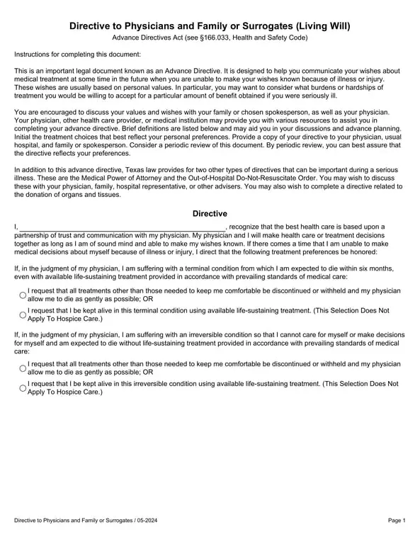 Get the most current Directive to Physicians and Family - Advance Directives Act §166.033 form now