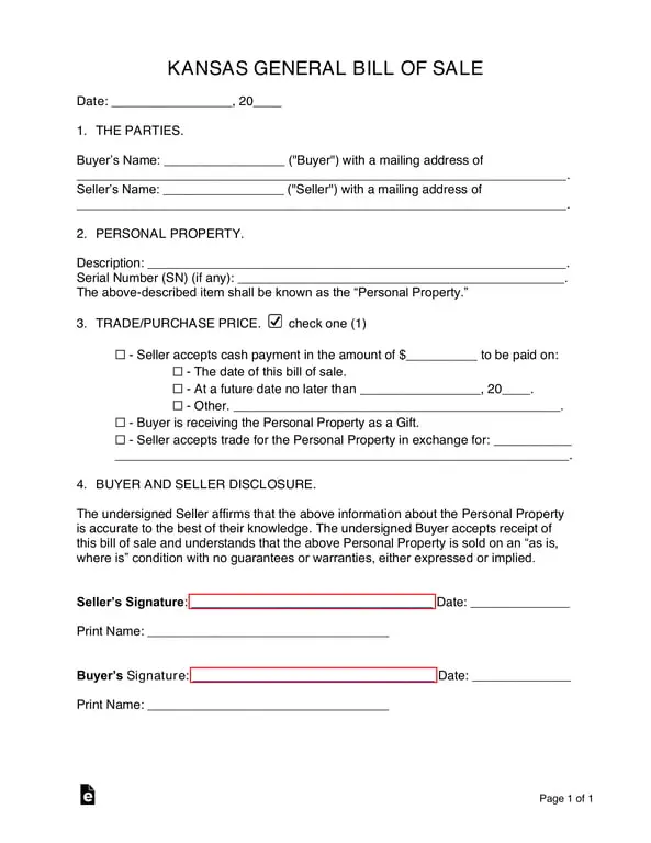 Get the most current Kansas General Bill of Sale - Legal Document for Personal Property Transfer in Kansas form now