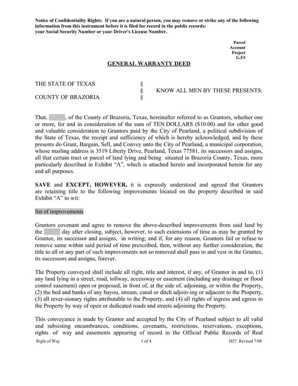 Get the most current Texas General Warranty Deed for Property Transfer in Brazoria County form now